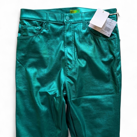 Mother Metallic Juniper Green Faux Leather Jeans | Night-Out Coated Pants 31 NWT - Picture 9 of 16